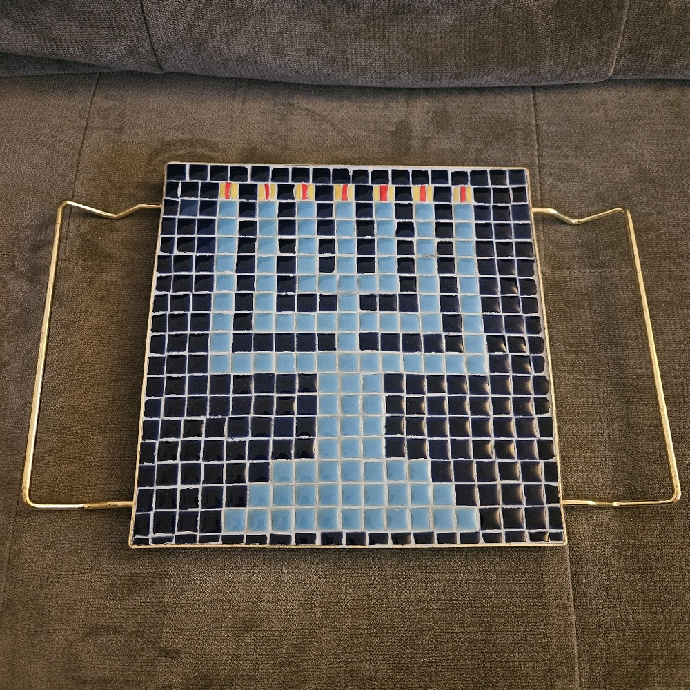 Vintage Blue Mosaic Menorah Trivet Hot Plate with Brass Toned Handles